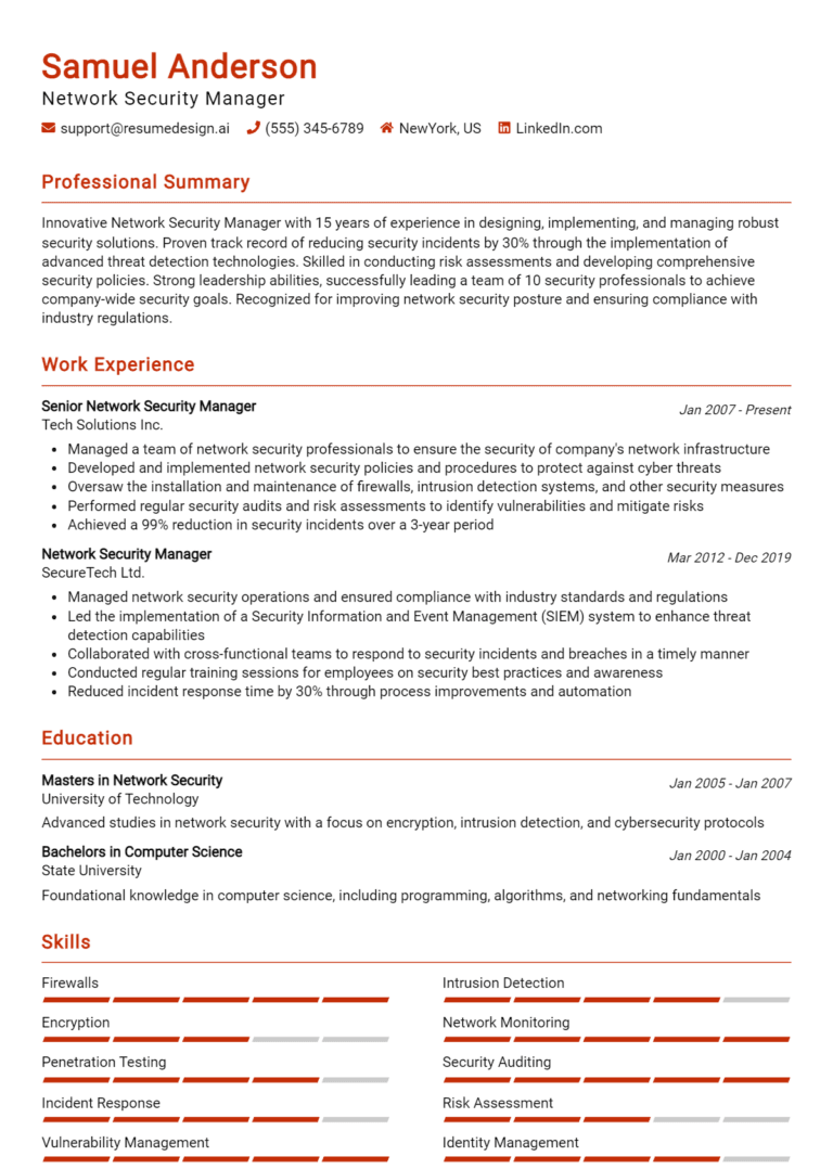 16 Network Security Manager Resume Examples And Templates for 2025 [Guide]