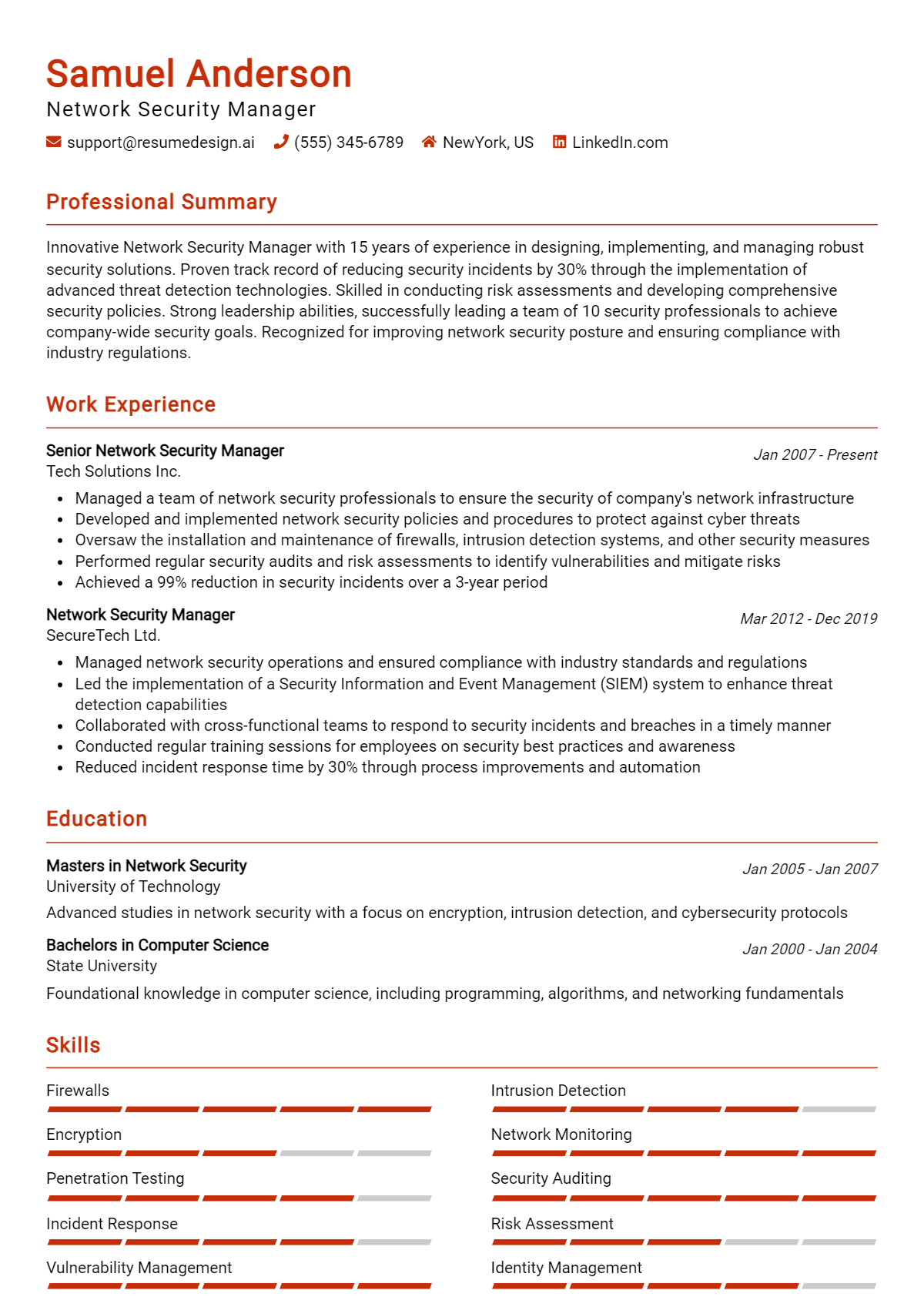 Network Security Manager Resume Example