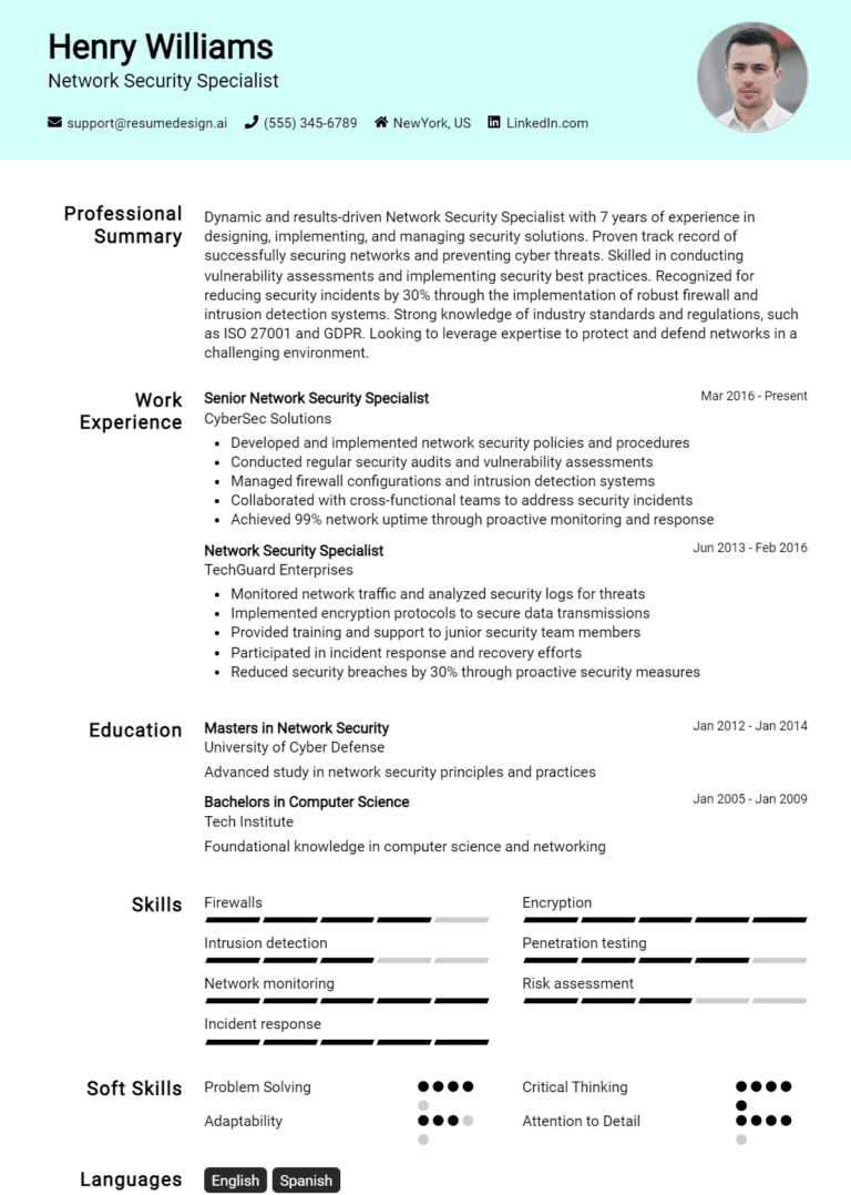 24 Network Security Specialist Resume Examples And Templates for 2025: Top Tips