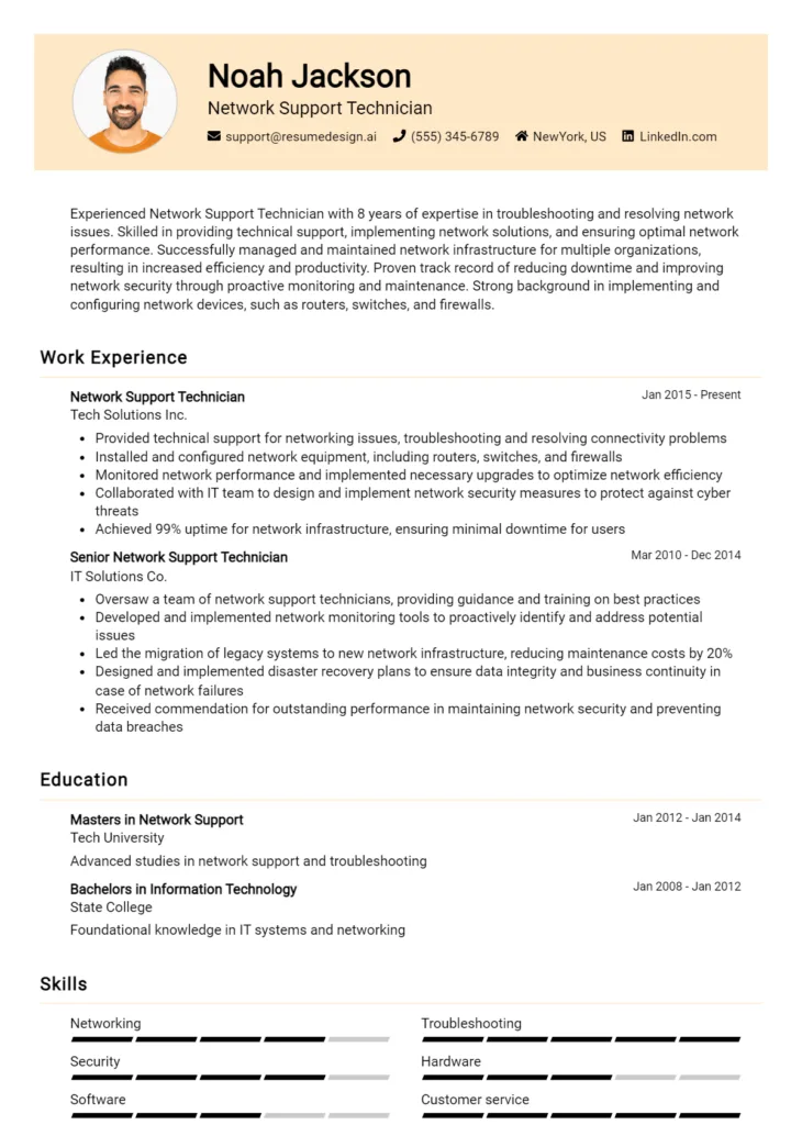 Network Support Technician Resume Example