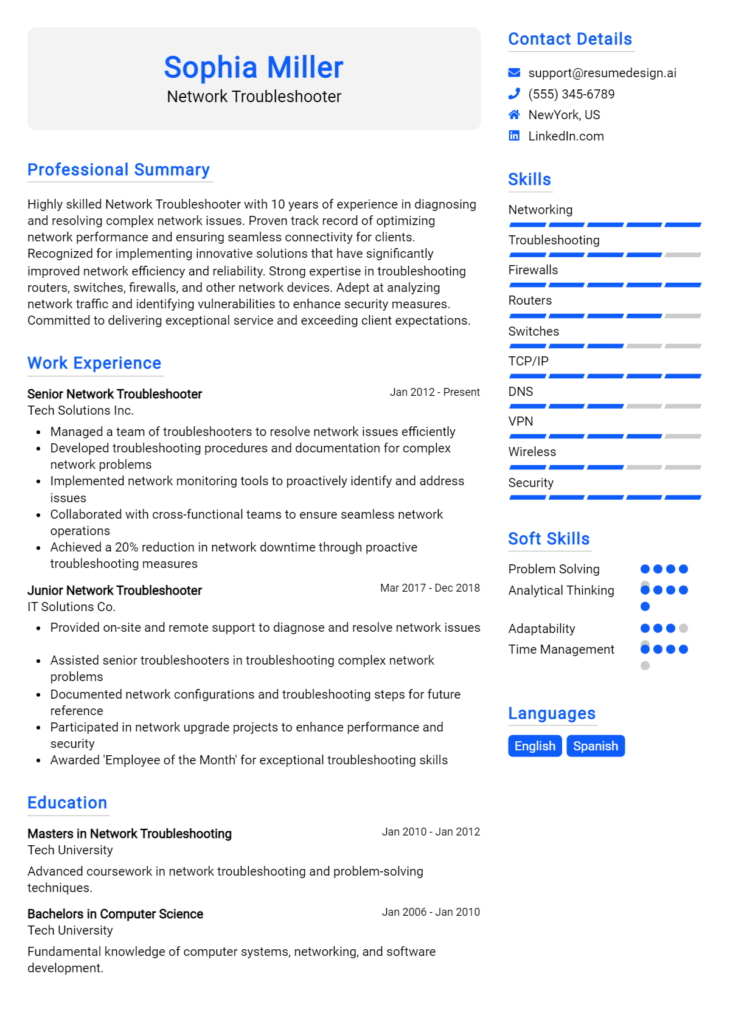 Network Troubleshooter Resume Example