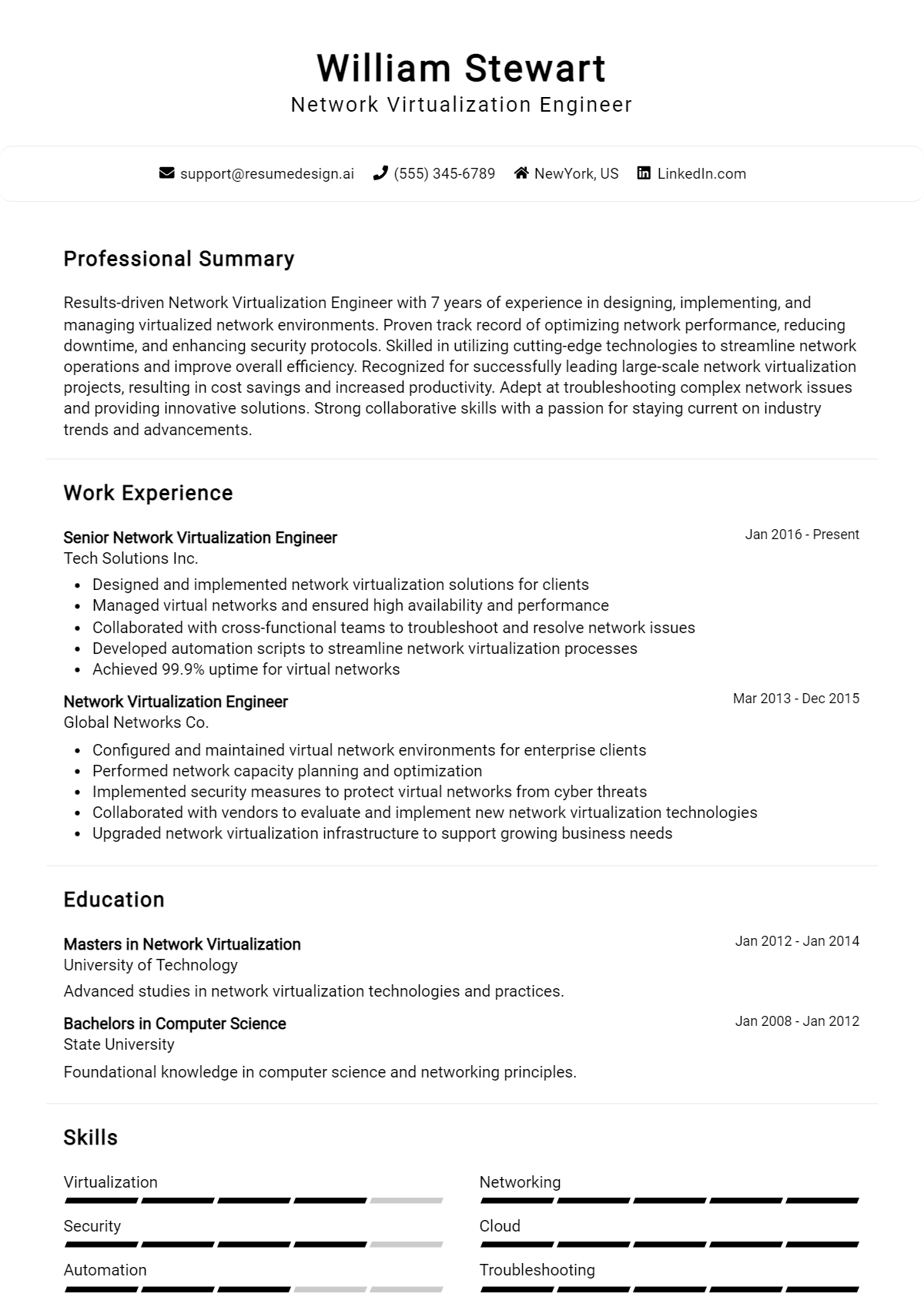 Network Virtualization Engineer Resume Example