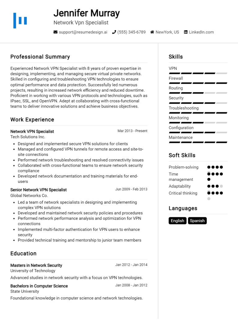 24 Network VPN Specialist Resume Examples And Templates for 2025