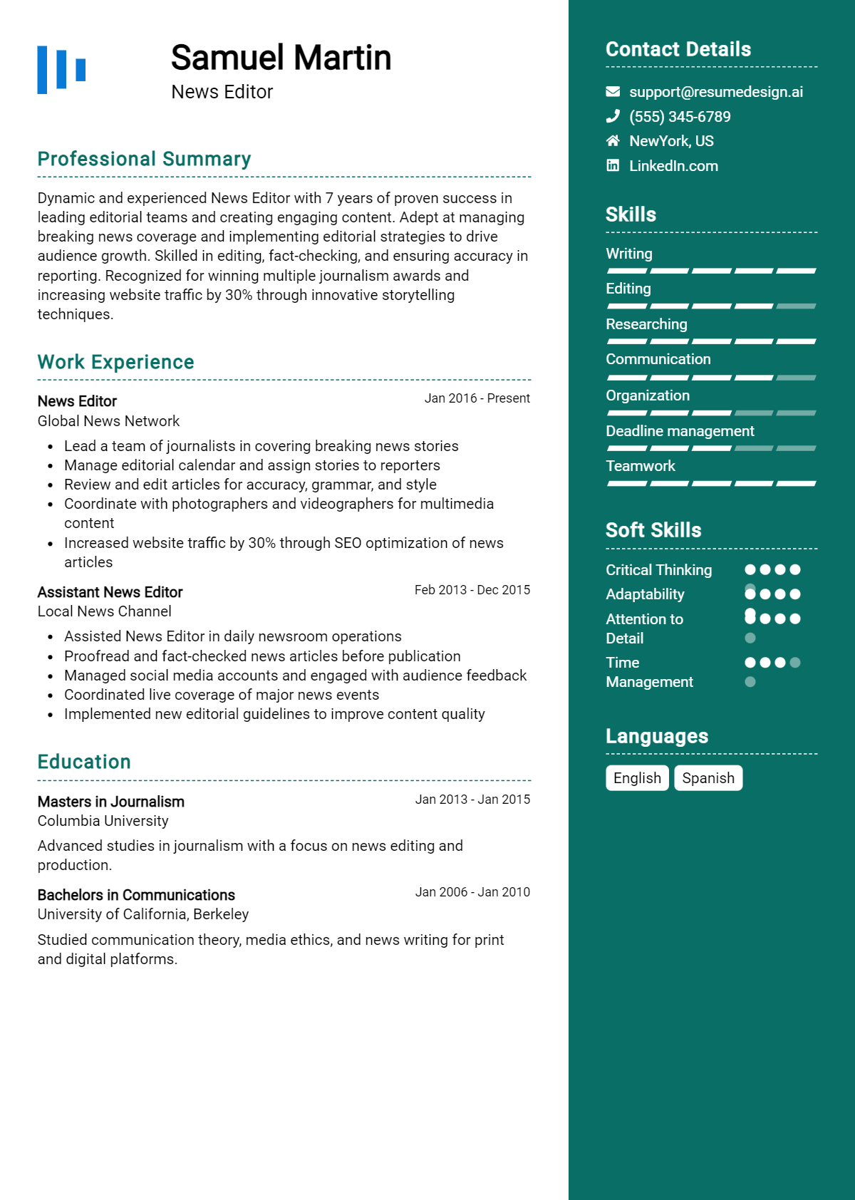 News Editor Resume Example