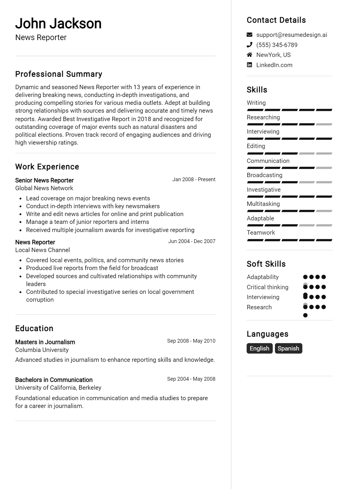 News Reporter Resume Example