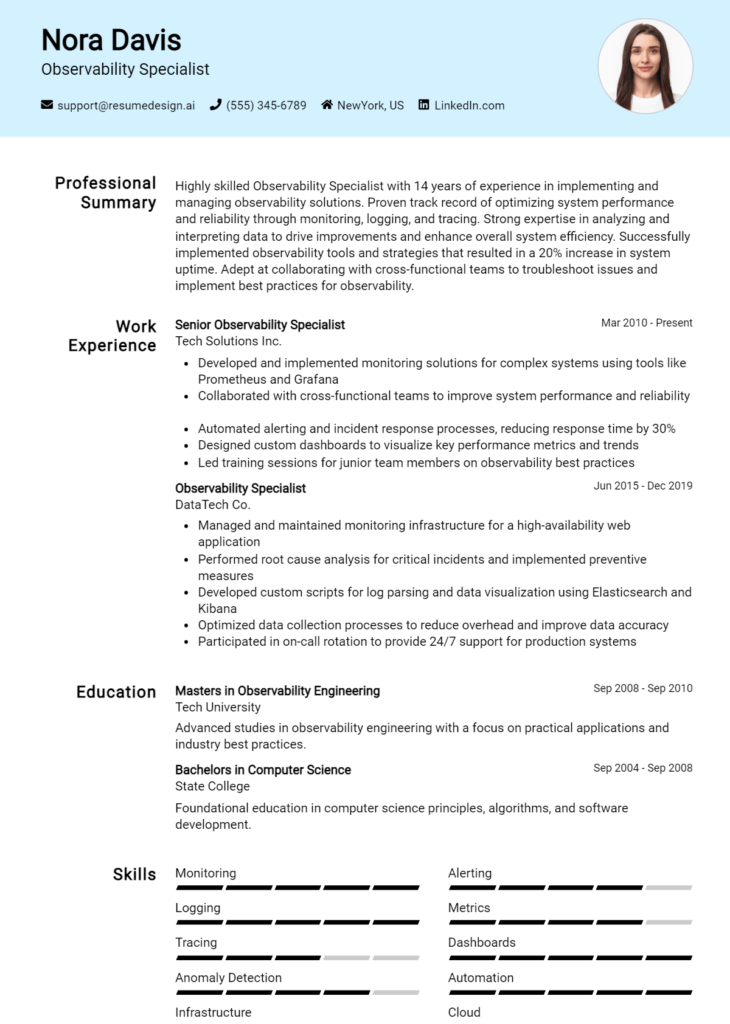 Observability Specialist Resume Example