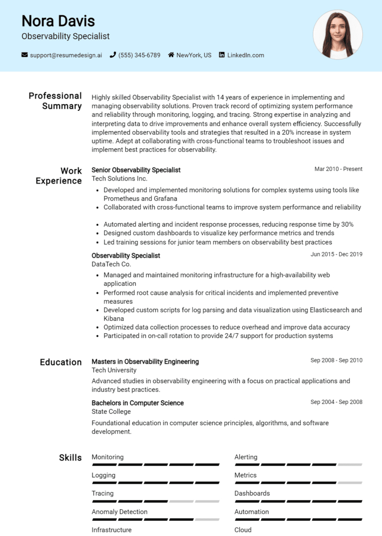 22 Observability Specialist Resume Examples And Templates for 2025