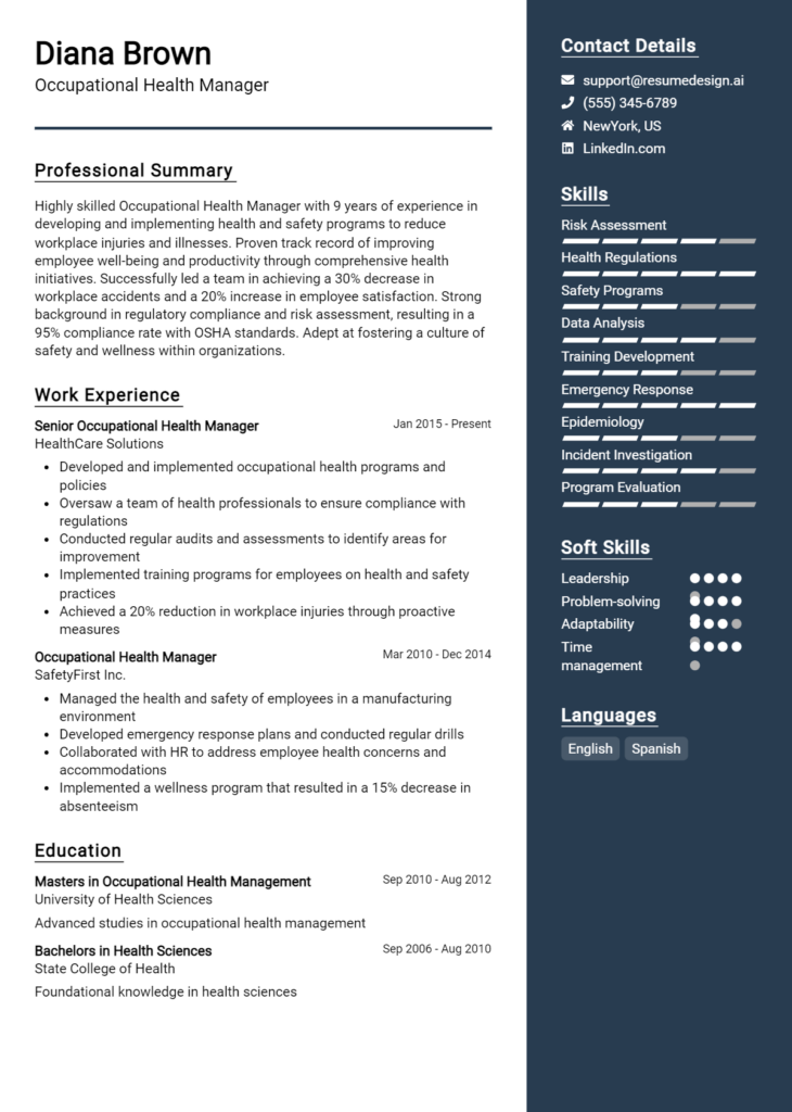 Occupational Health Manager Resume Example