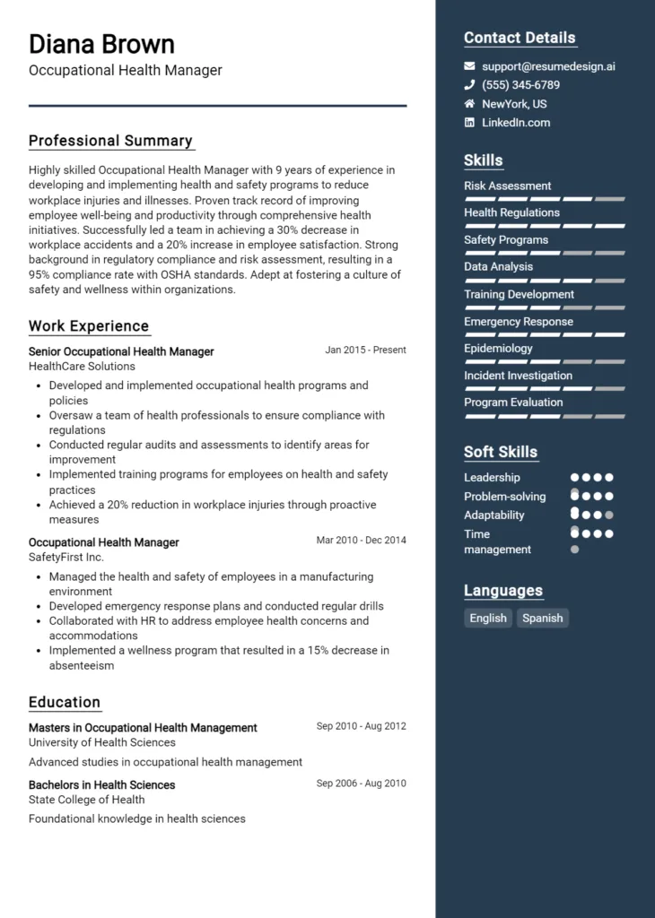 Occupational Health Manager Resume Example