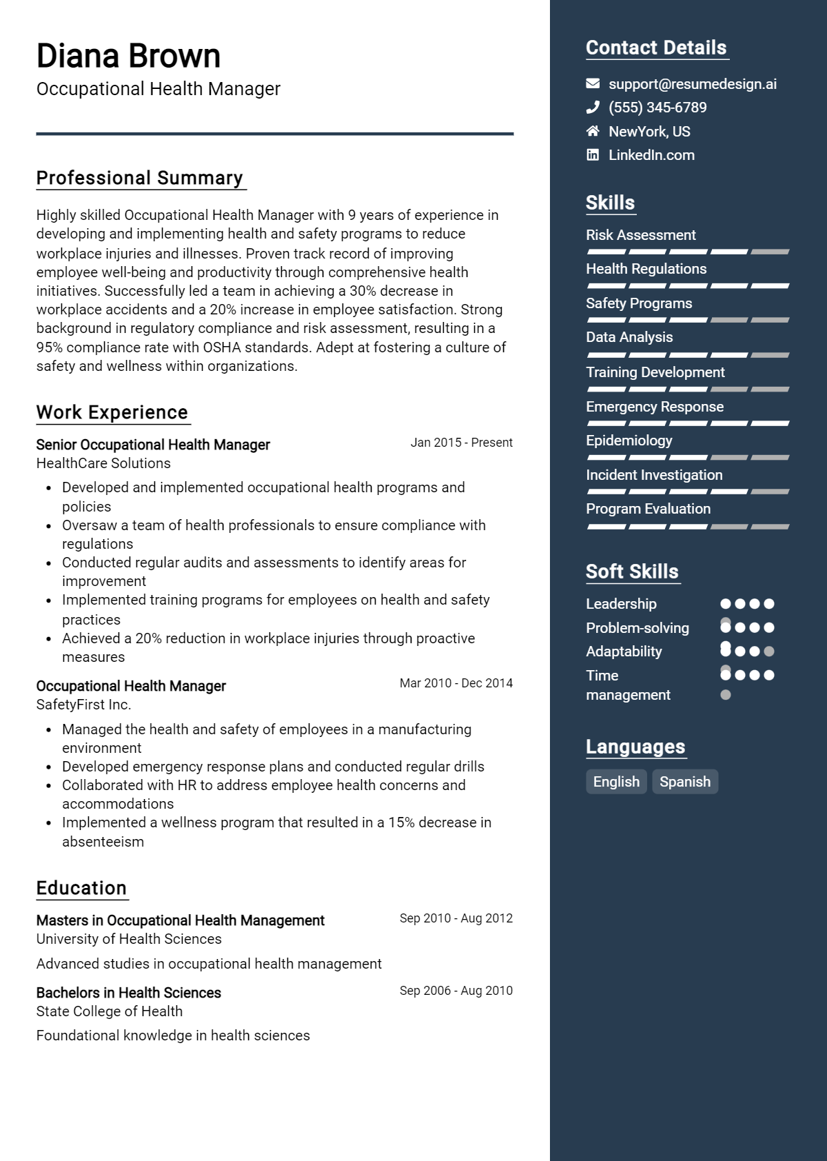 Occupational Health Manager Resume Example