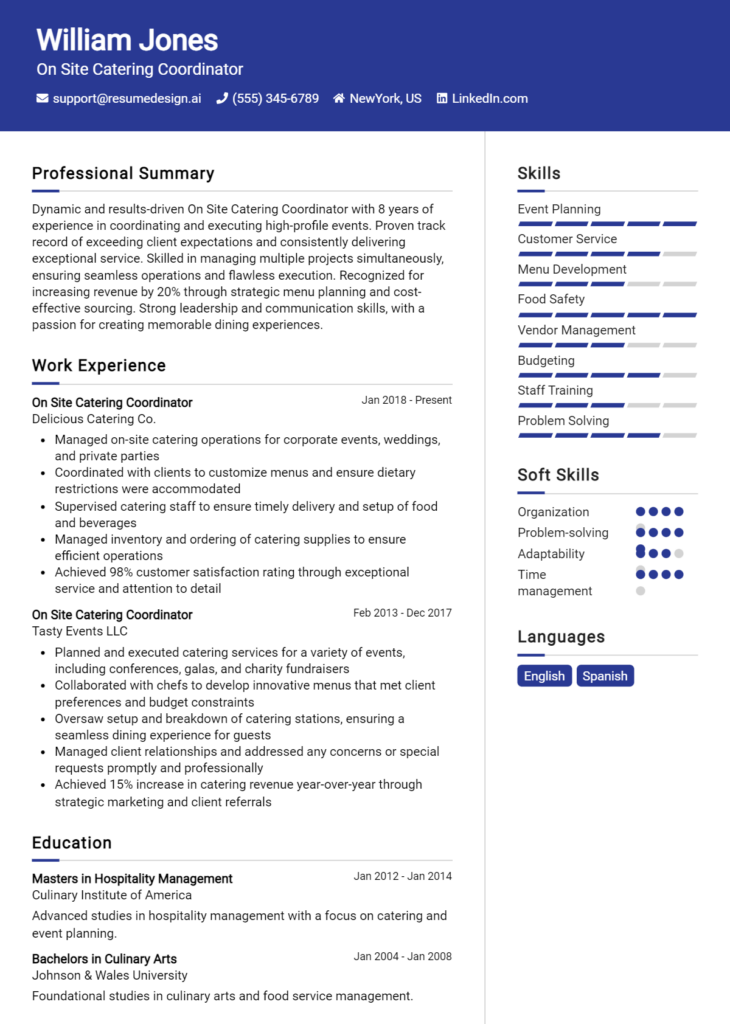 On Site Catering Coordinator Resume Example