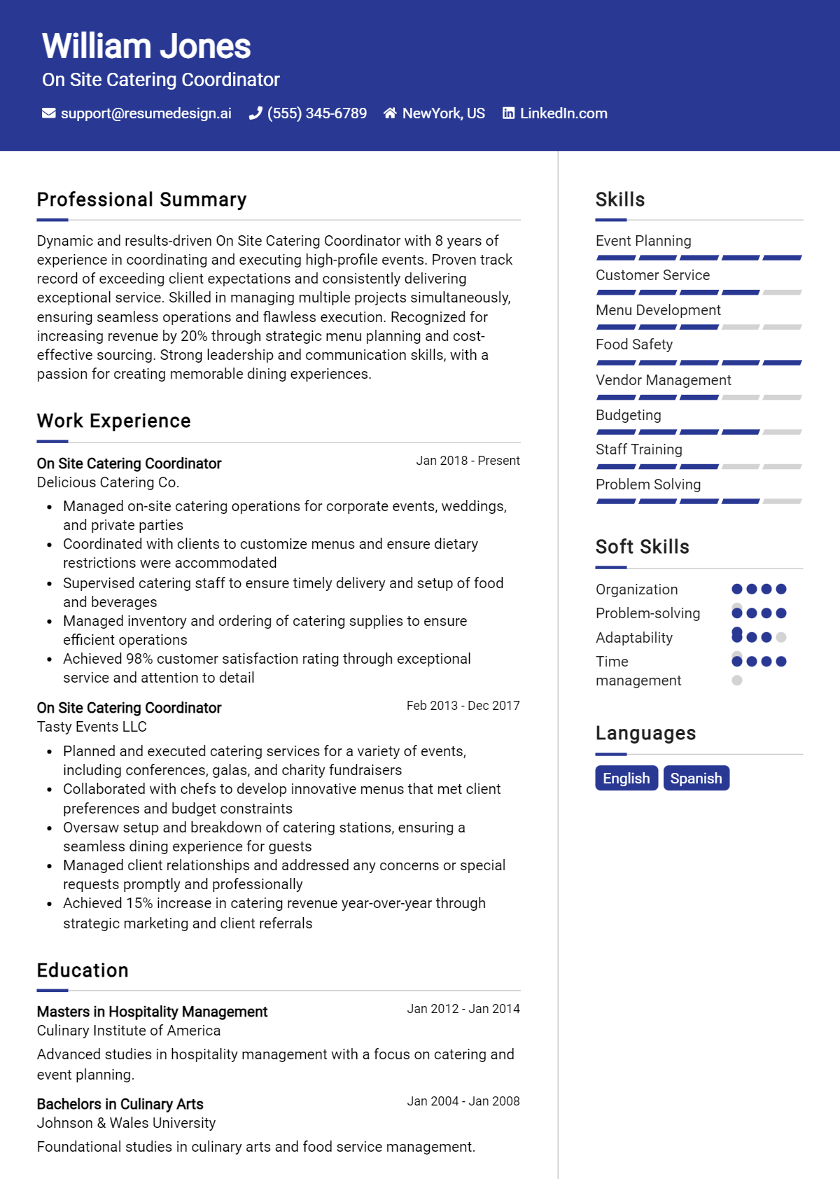 On Site Catering Coordinator Resume Example