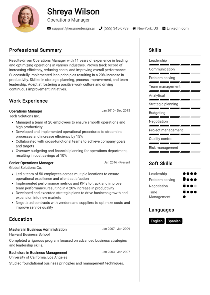 Operations Manager Resume Example