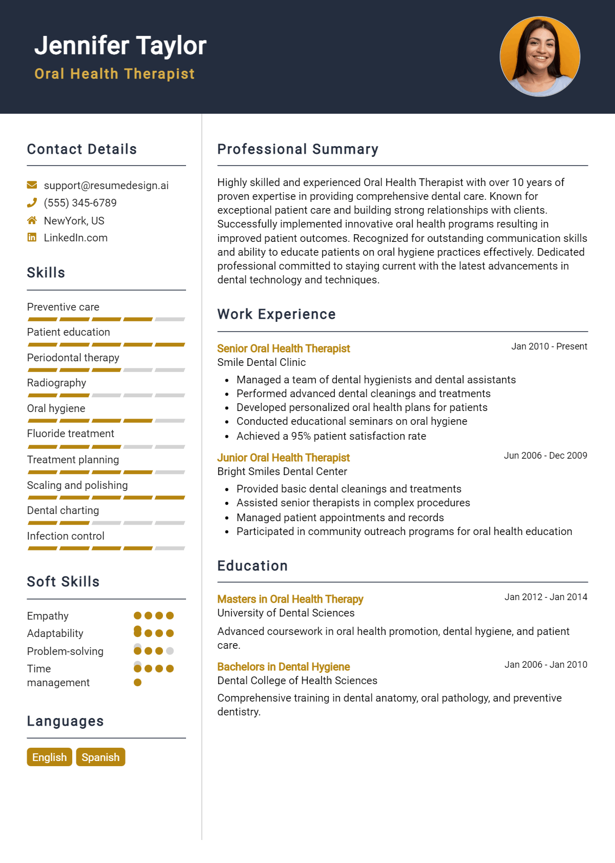 Oral Health Therapist Resume Example