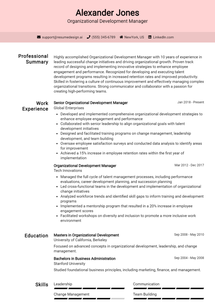 Organizational Development Manager Resume Example