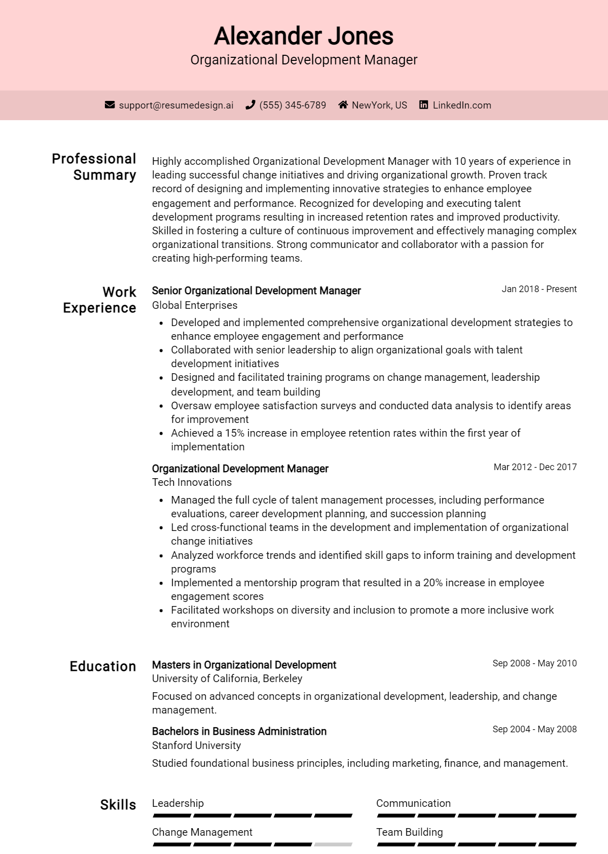 Organizational Development Manager Resume Example