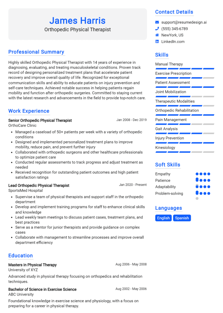16 Orthopedic Physical Therapist Resume Examples And Templates for 2025 (Downloadable)