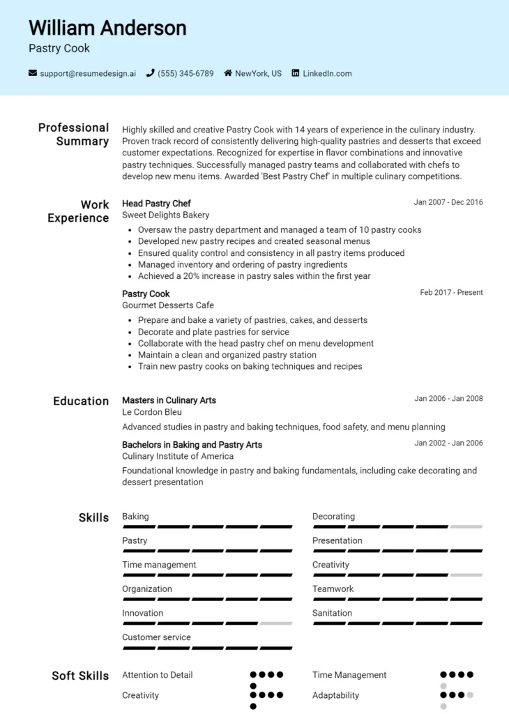Pastry Cook Resume Example