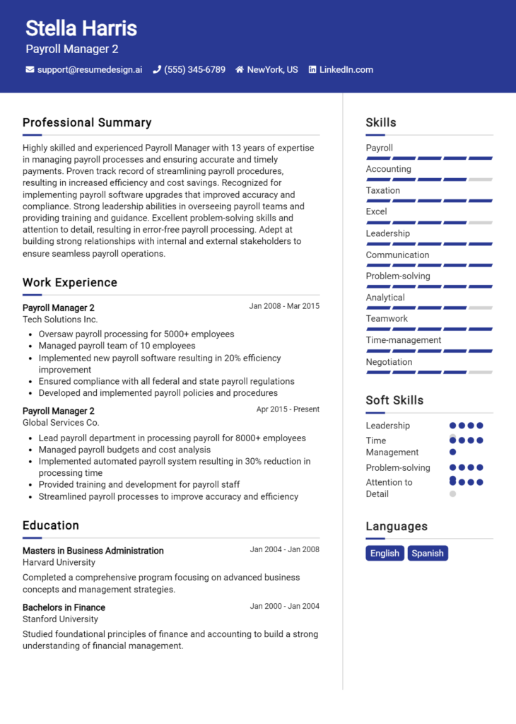 Payroll Manager 2 Resume Example