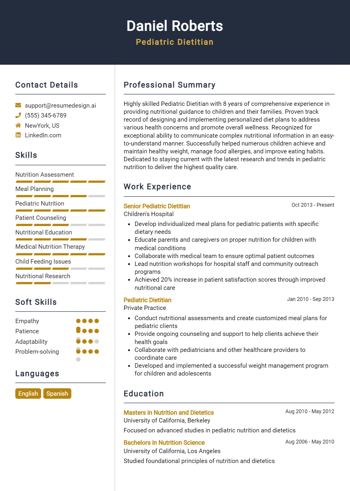 Pediatric Dietitian Resume Example