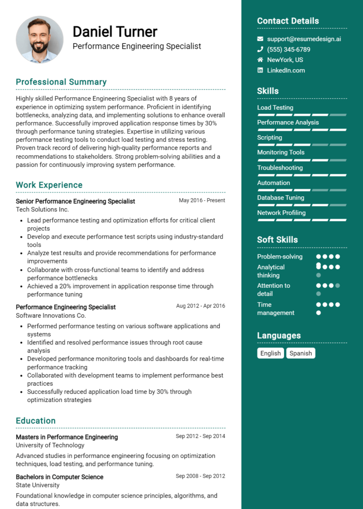 Performance Engineering Specialist Resume Example