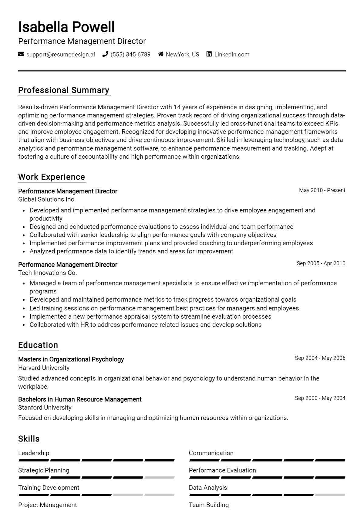 Performance Management Director Resume Example