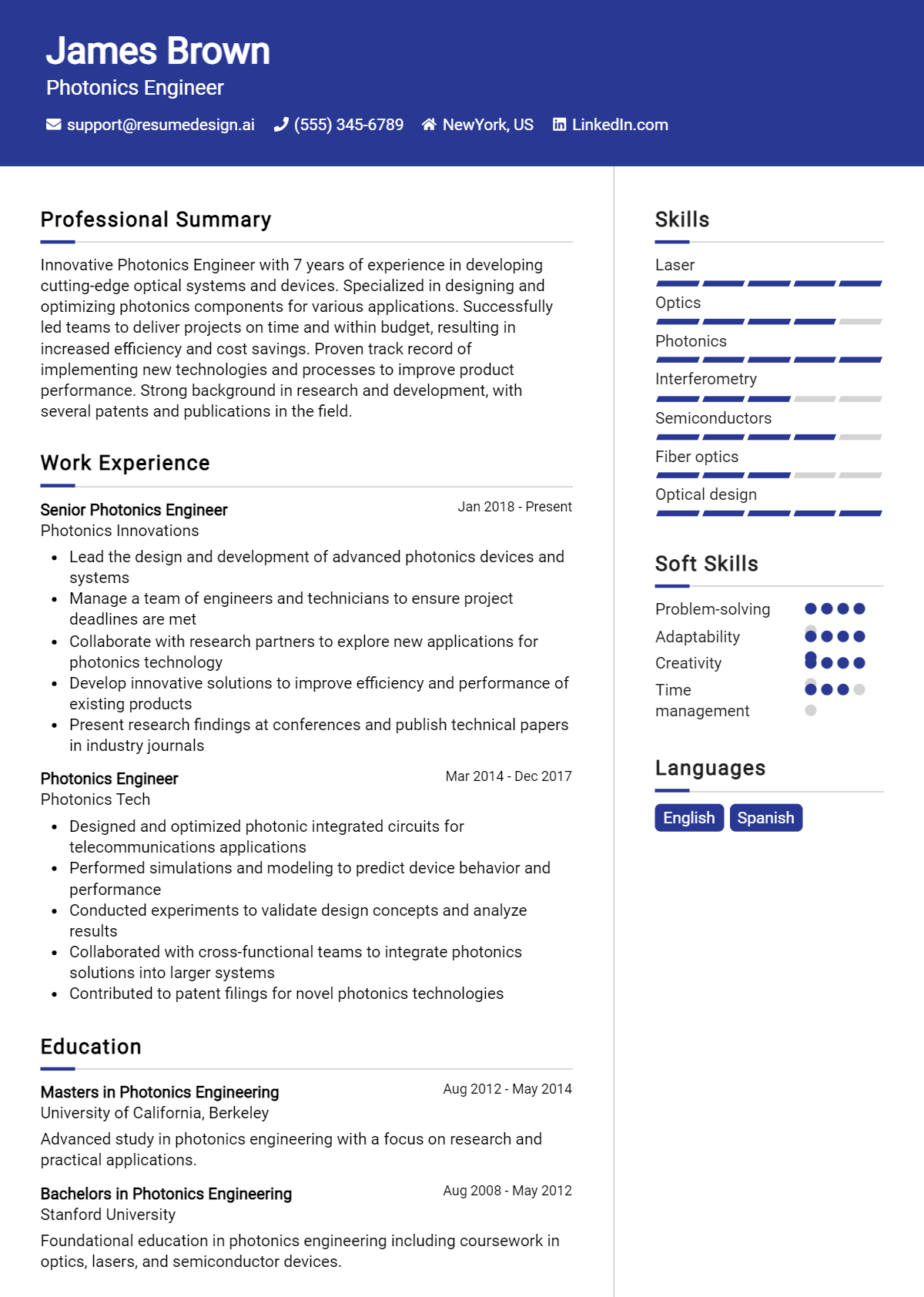 Photonics Engineer Resume Example