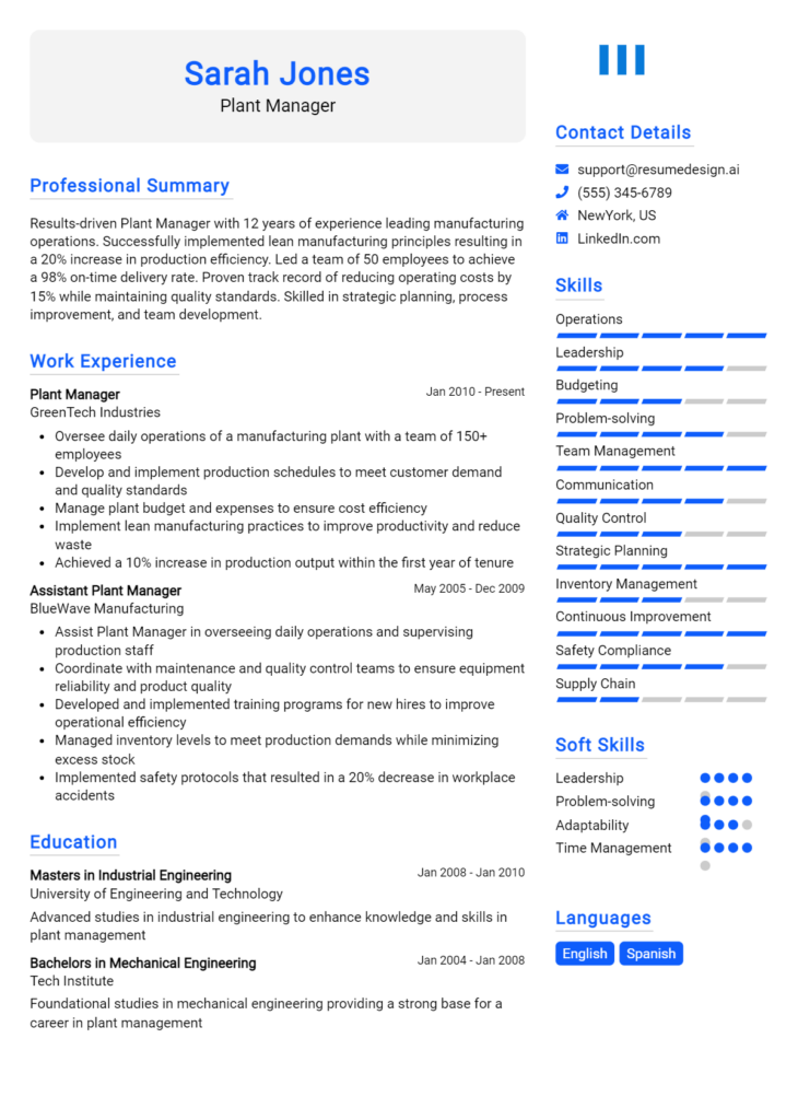 Plant Manager Resume Example