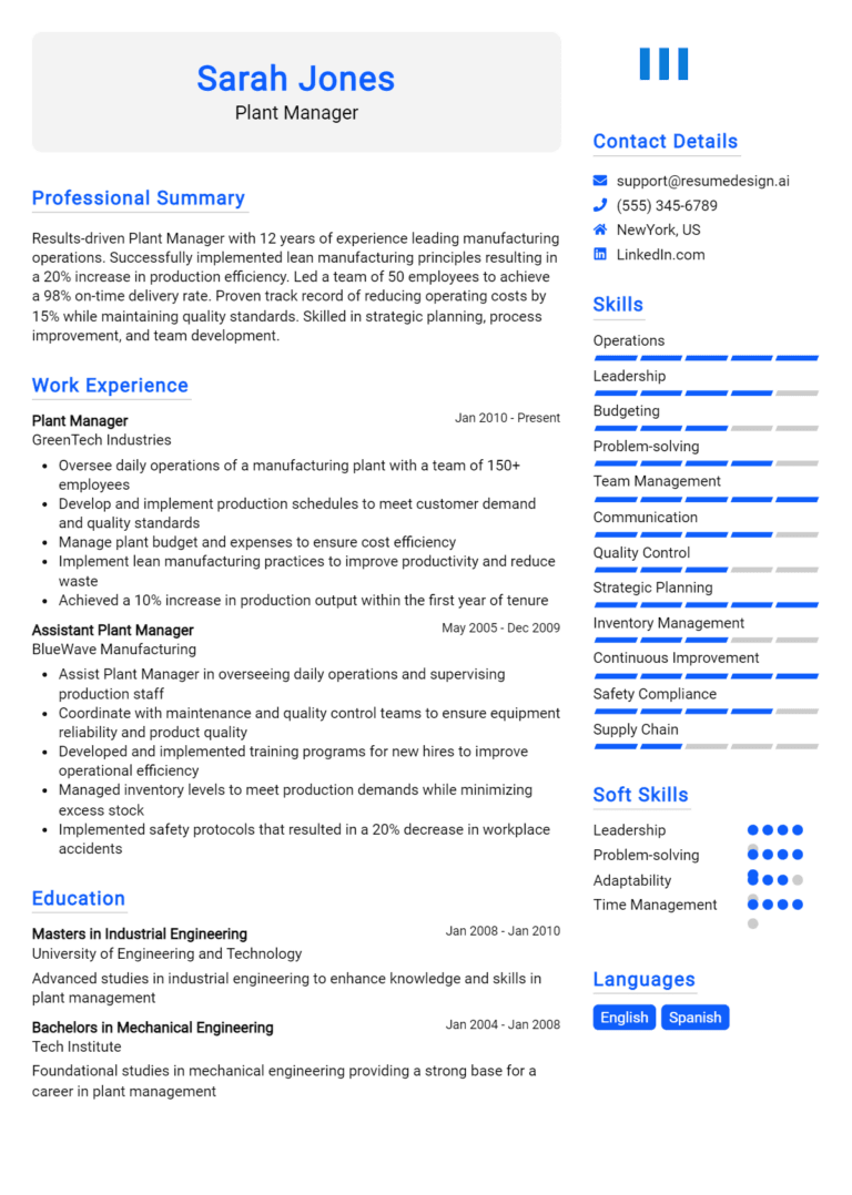 20 Plant Manager Resume Examples And Templates for 2025