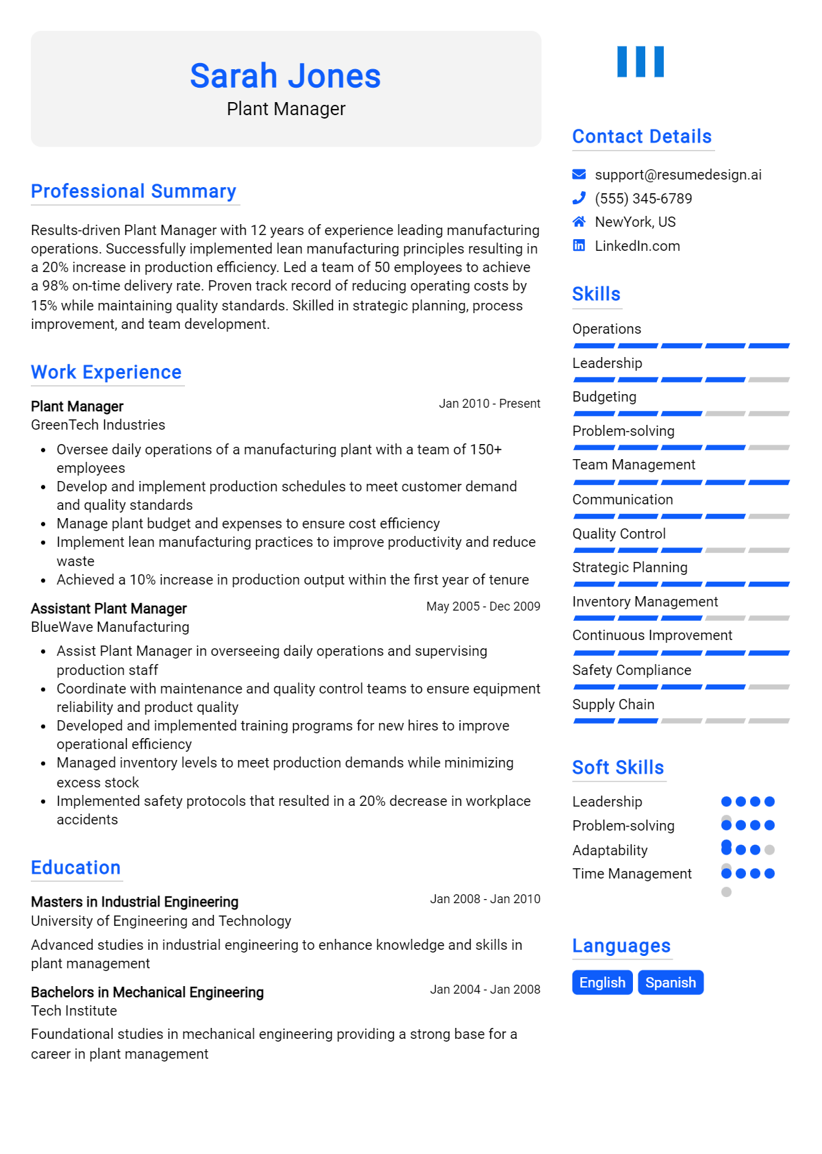 Plant Manager Resume Example