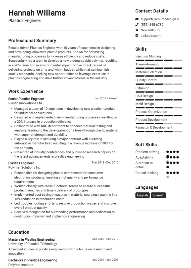 20 Plastics Engineer Resume Examples And Templates for 2025