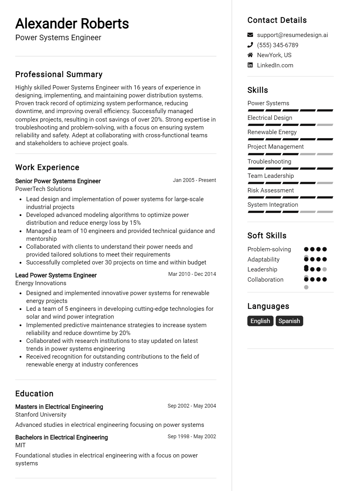 Power Systems Engineer Resume Example