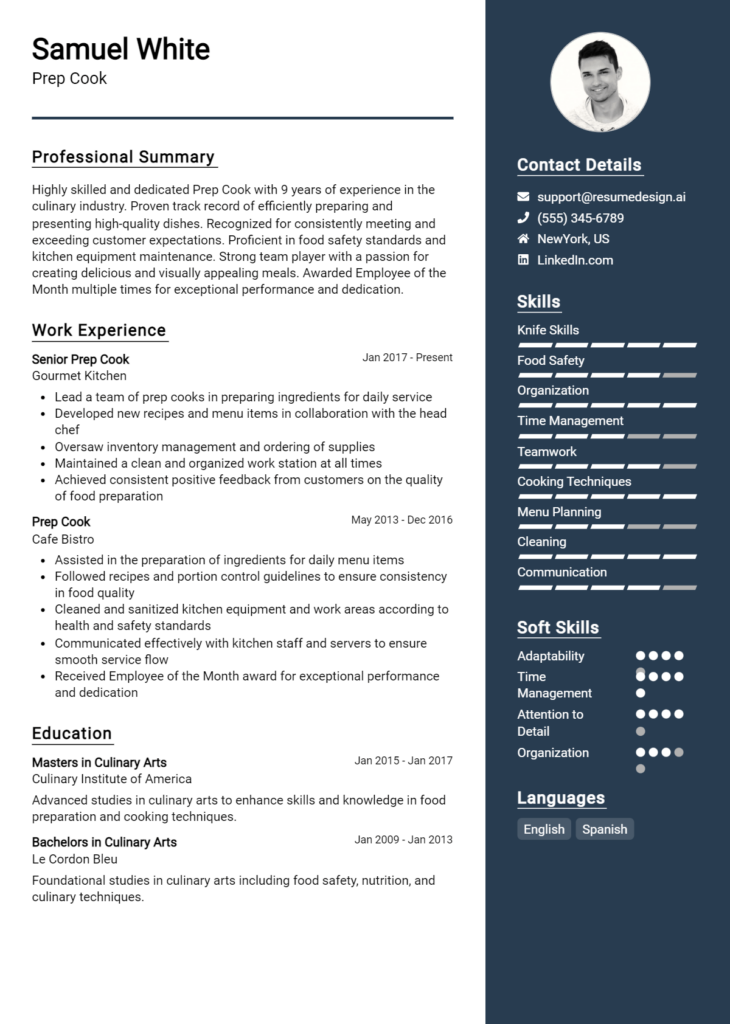 Prep Cook Resume Example