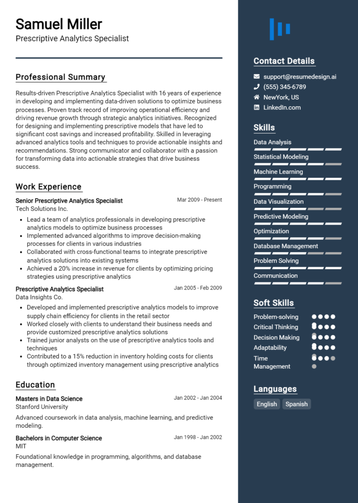 Prescriptive Analytics Specialist Resume Example