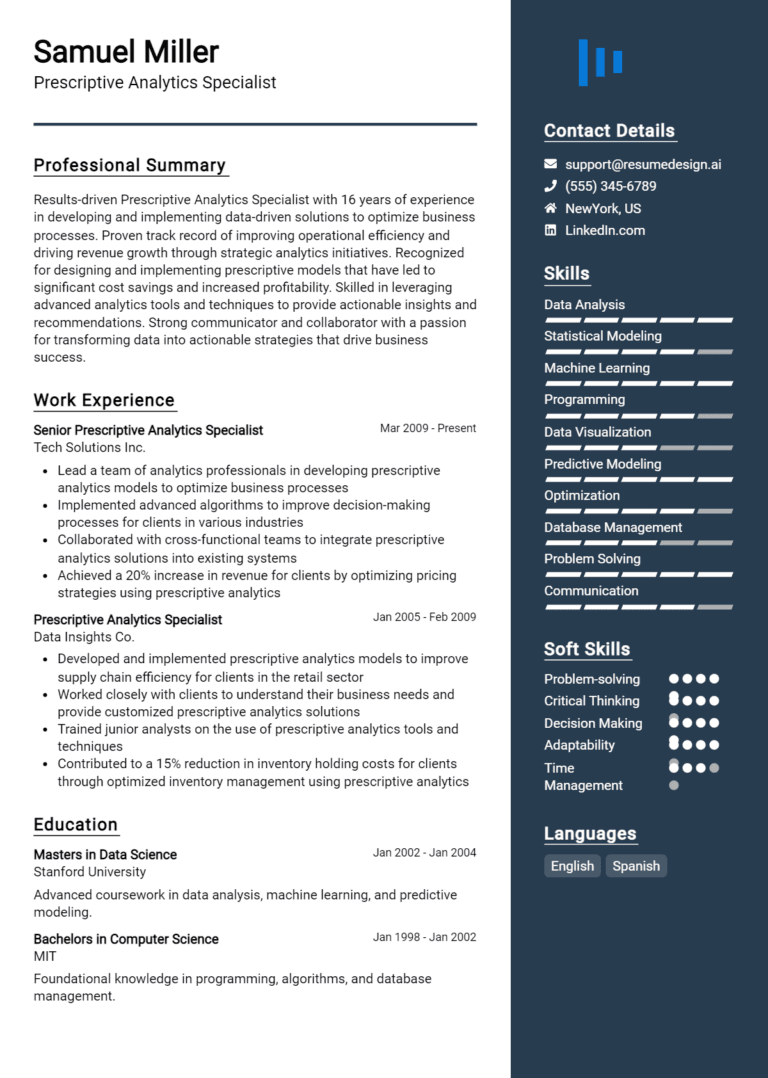 23 Prescriptive Analytics Specialist Resume Examples And Templates for 2025