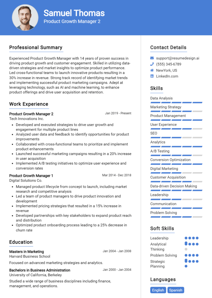 Product Growth Manager 2 Resume Example