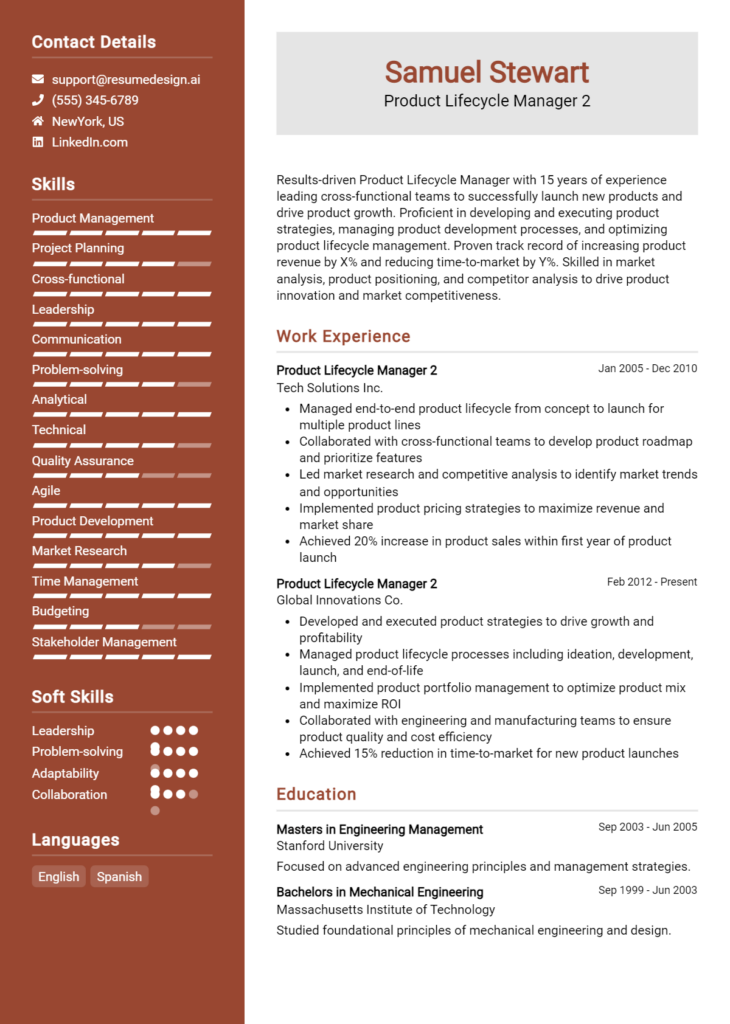 Product Lifecycle Manager 2 Resume Example