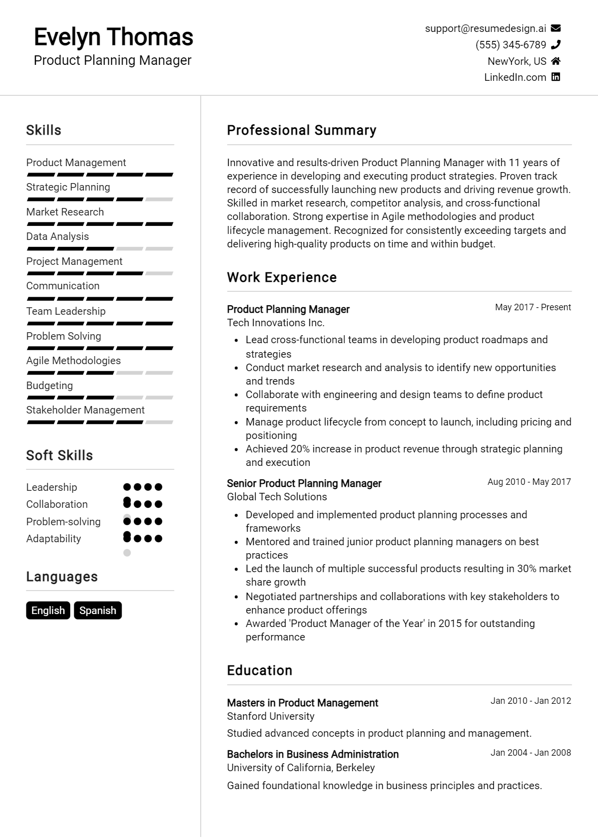 Product Planning Manager Resume Example