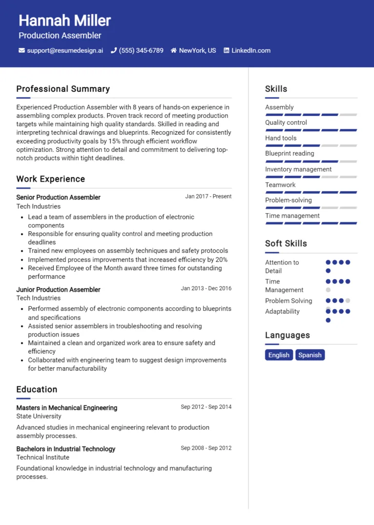 Production Assembler Resume Example