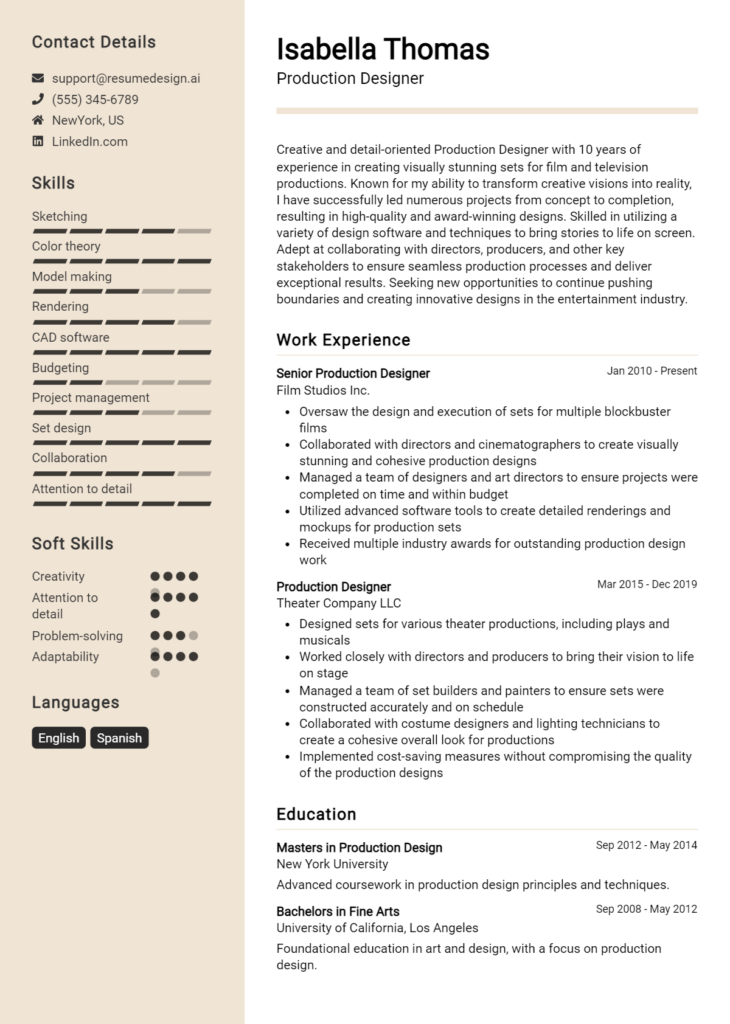 Production Designer Resume Example