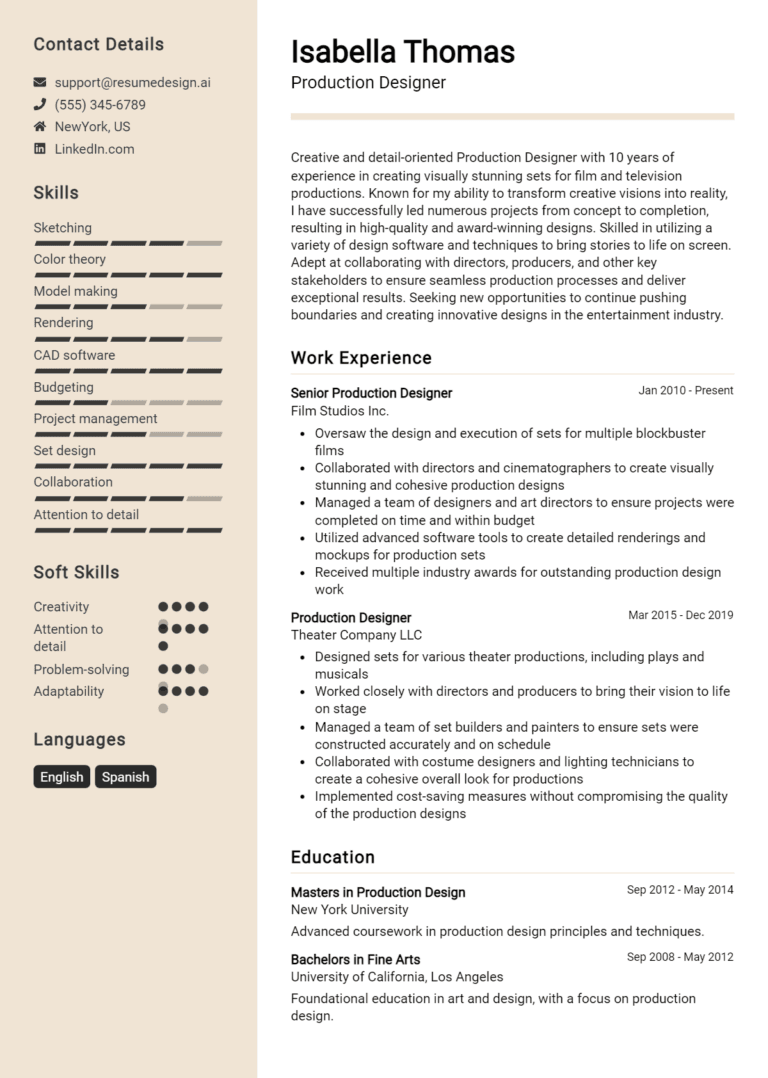 16 Production Designer Resume Examples And Templates for 2025