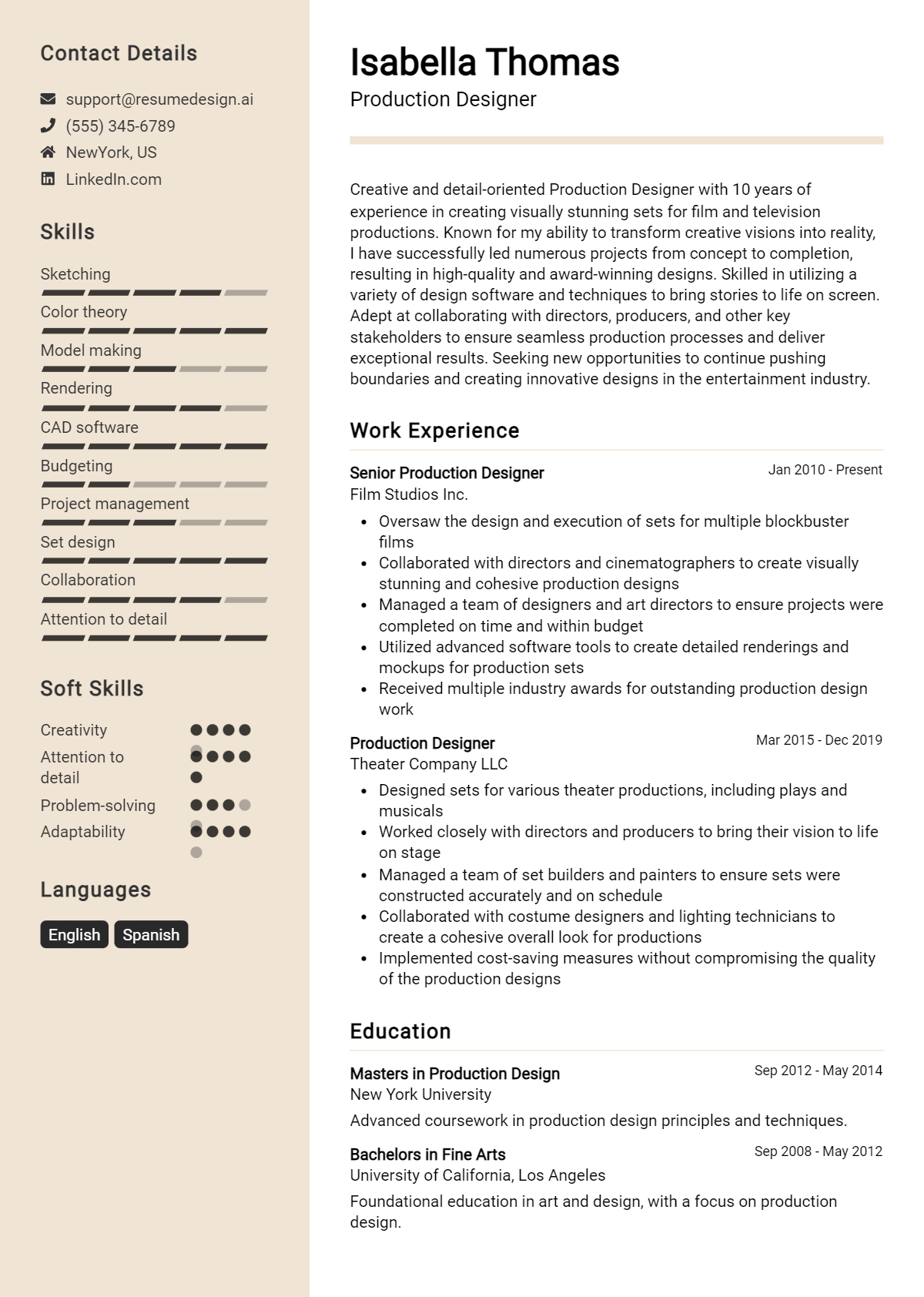 Production Designer Resume Example