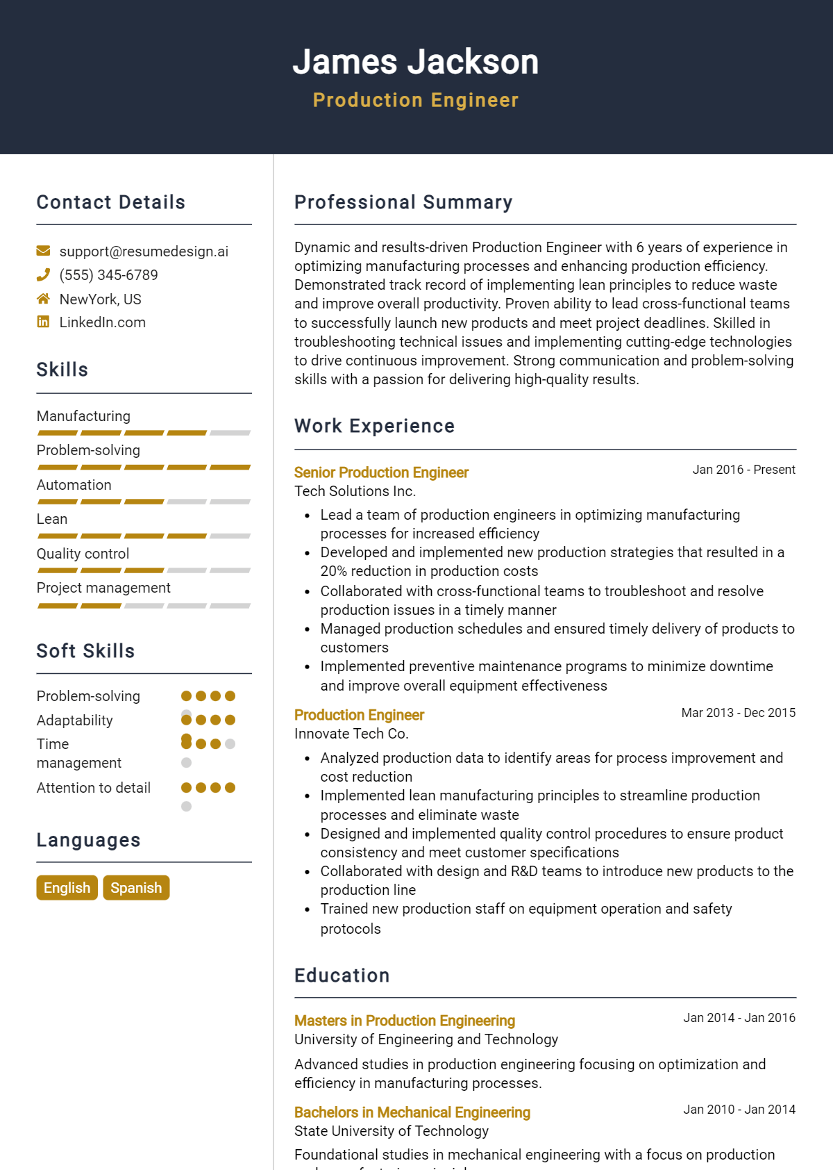 Production Engineer Resume Example