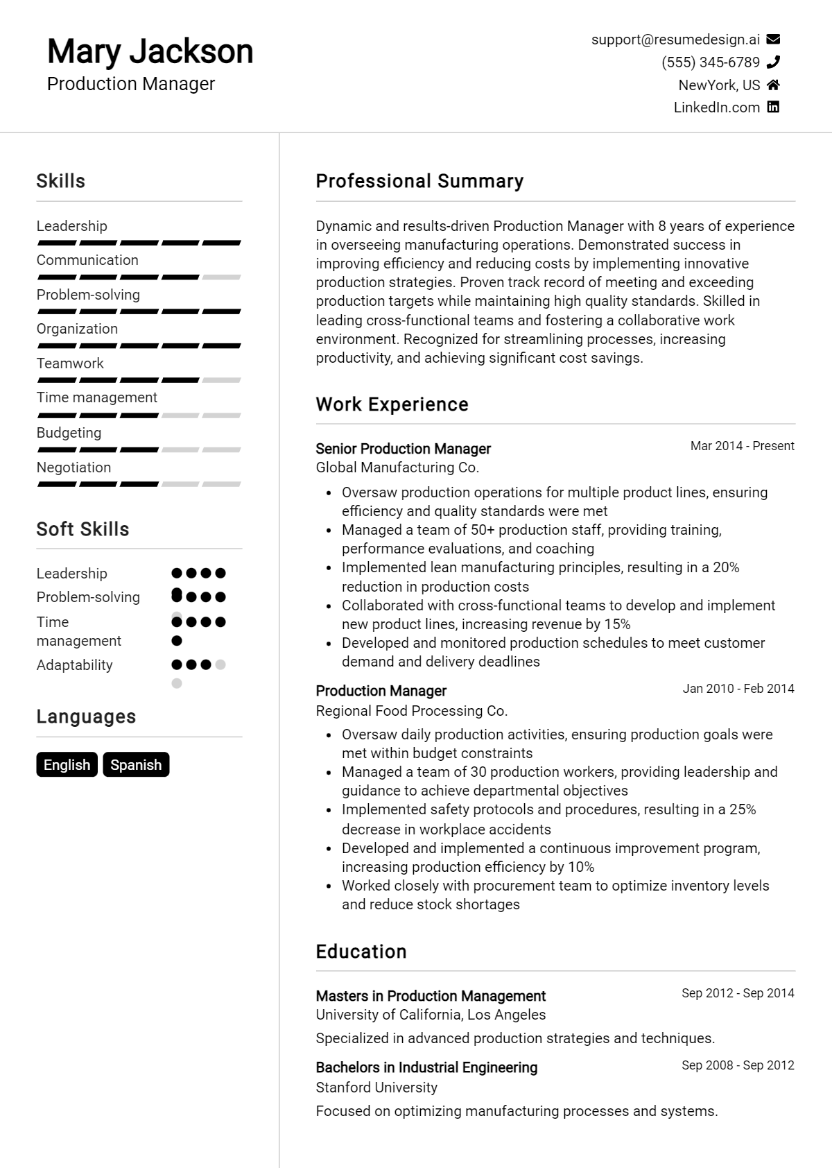 Production Manager Resume Example