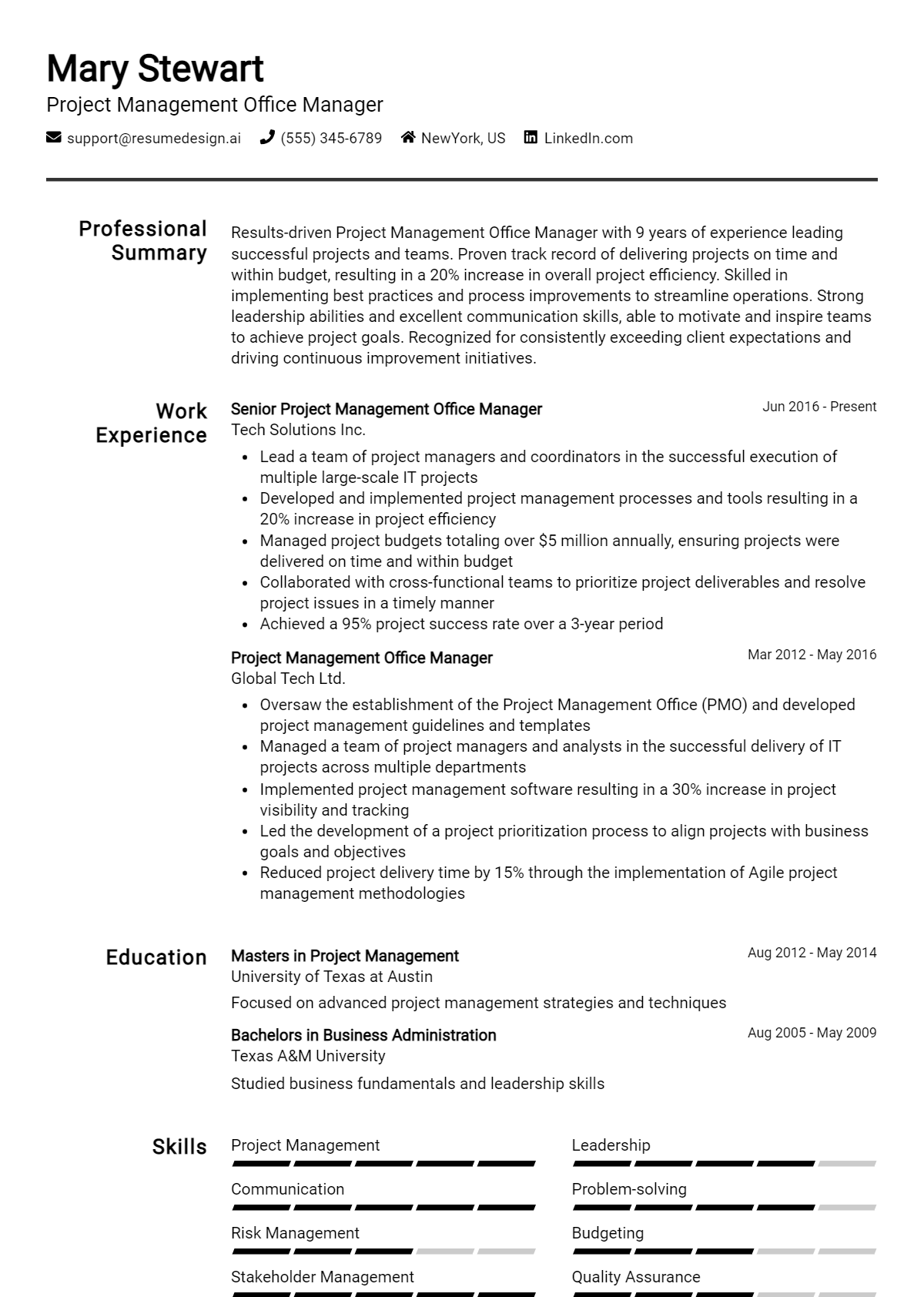 Project Management Office Manager Resume Example