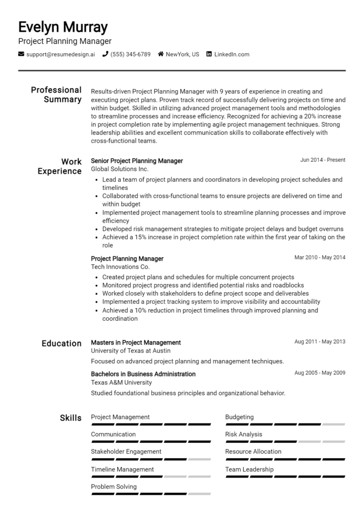 Project Planning Manager Resume Example