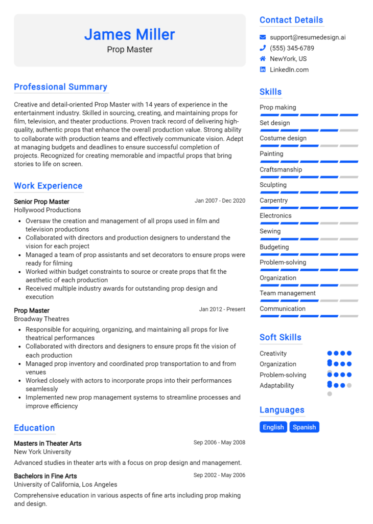 Prop Master Resume Example