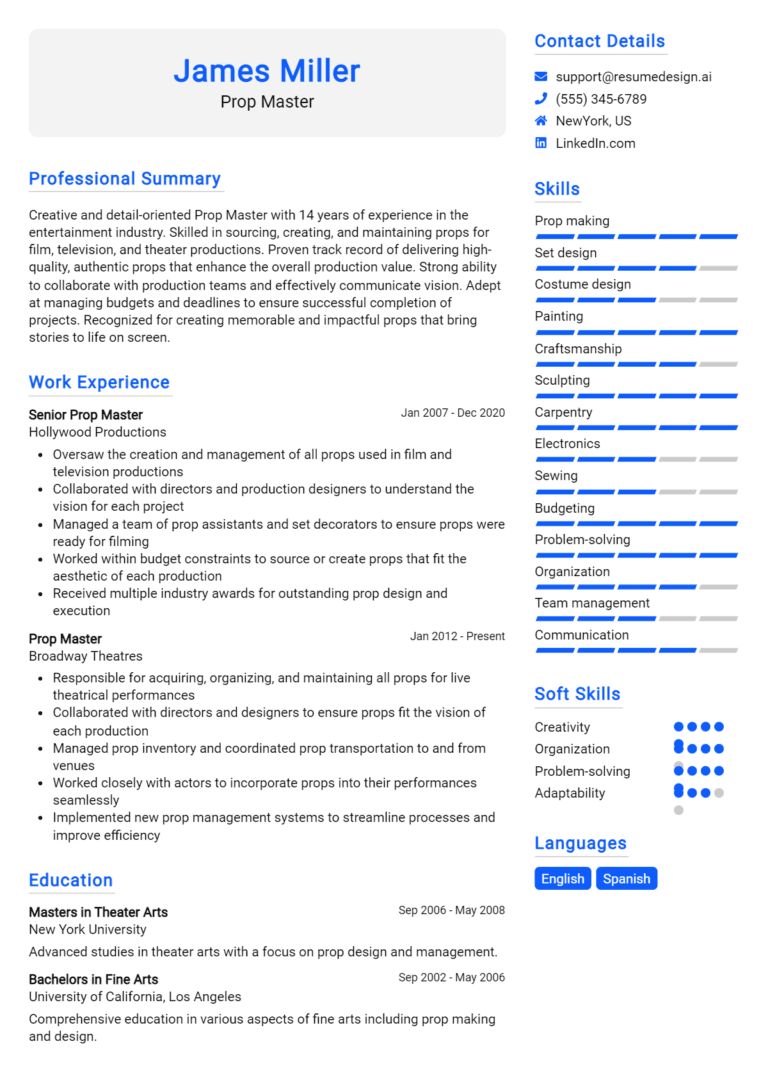 16 Prop Master Resume Examples And Templates for 2025