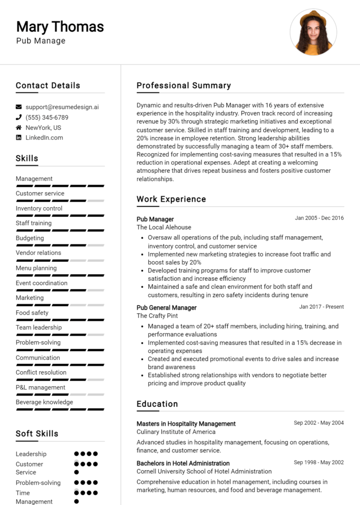 Pub Manage Resume Example