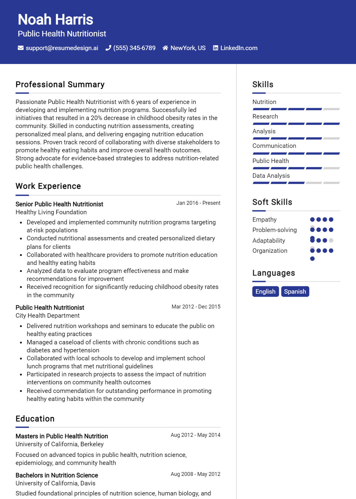 Public Health Nutritionist Resume Example